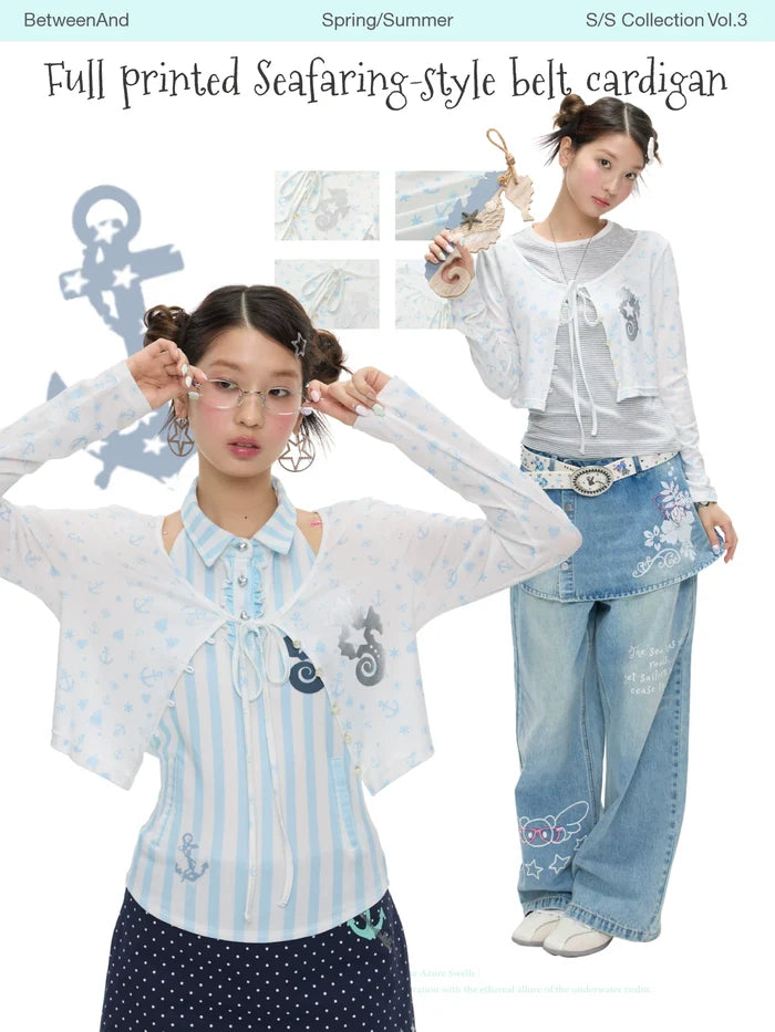 Full printed seafaring-style belt cardigan