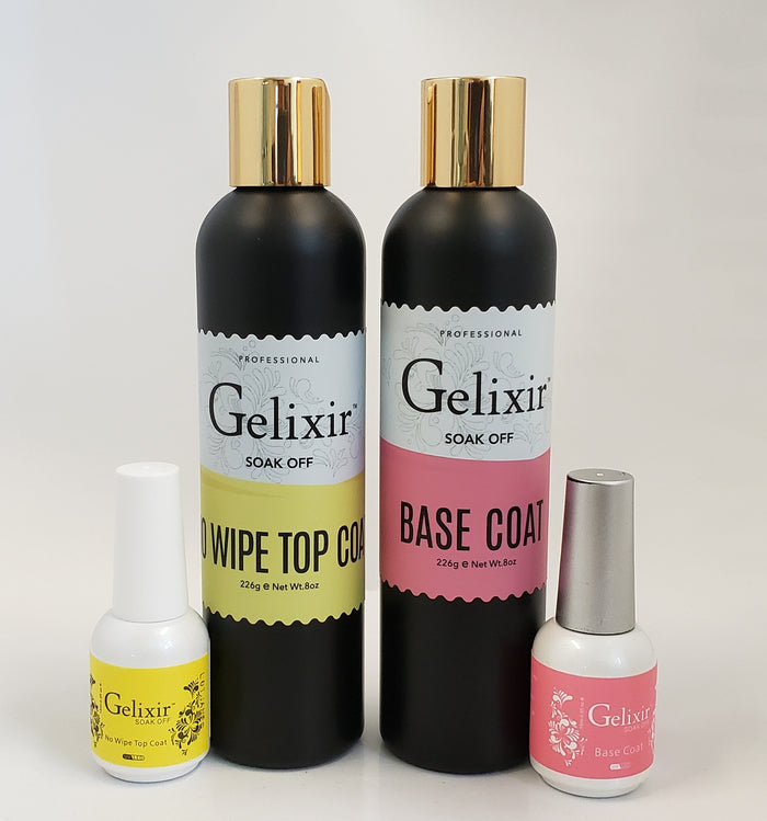 GELIXIR - LED/UV Soak Off Gel - Bundle Base No-wipe Top Coat - Refill Size 8oz + 0.5oz