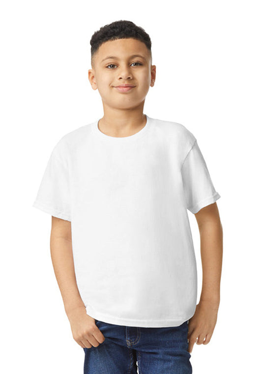 A boy wearing a Gildan 5.3 oz. 
heavy cotton, short-sleeved white t-shirt on a white background.