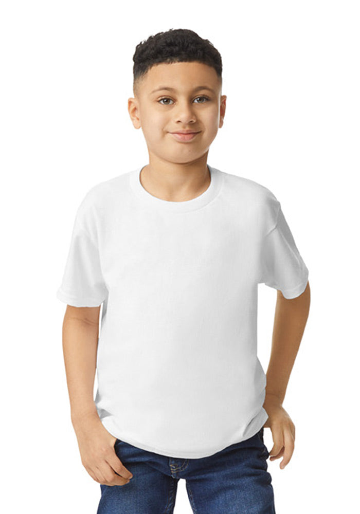A boy wearing a Gildan 5.3 oz. 
heavy cotton, short-sleeved white t-shirt on a white background.
