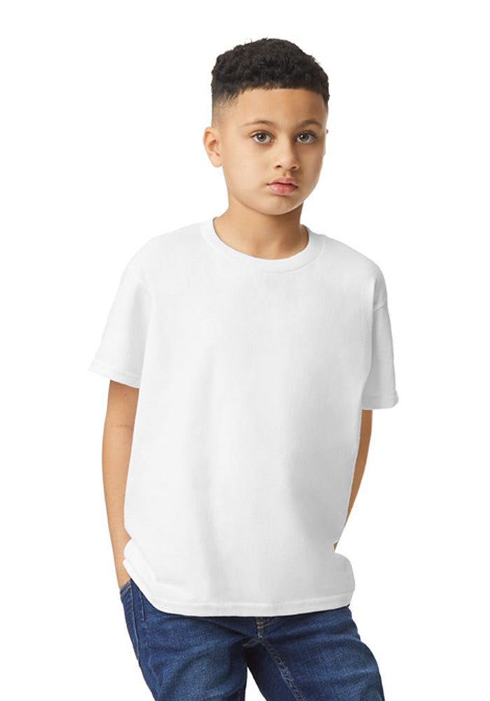 A boy wearing a Gildan 5.3 oz. 
heavy cotton, short-sleeved white t-shirt on a white background.