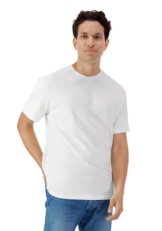Man wearing a relaxed fit Gildan Light weight 4.45 oz. white short sleeved t-shirt and blue jeans on a white background