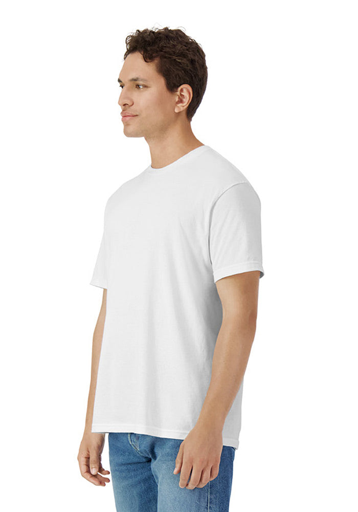 Side view of a man wearing a relaxed fit plain white short sleeved t-shirt and blue jeans on a white background