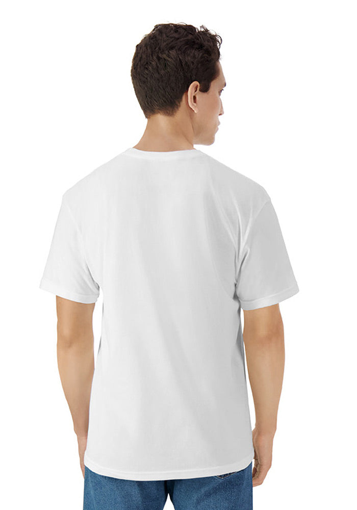 Back view of a man wearing a relaxed fit plain white short sleeved t-shirt and blue jeans on a white background