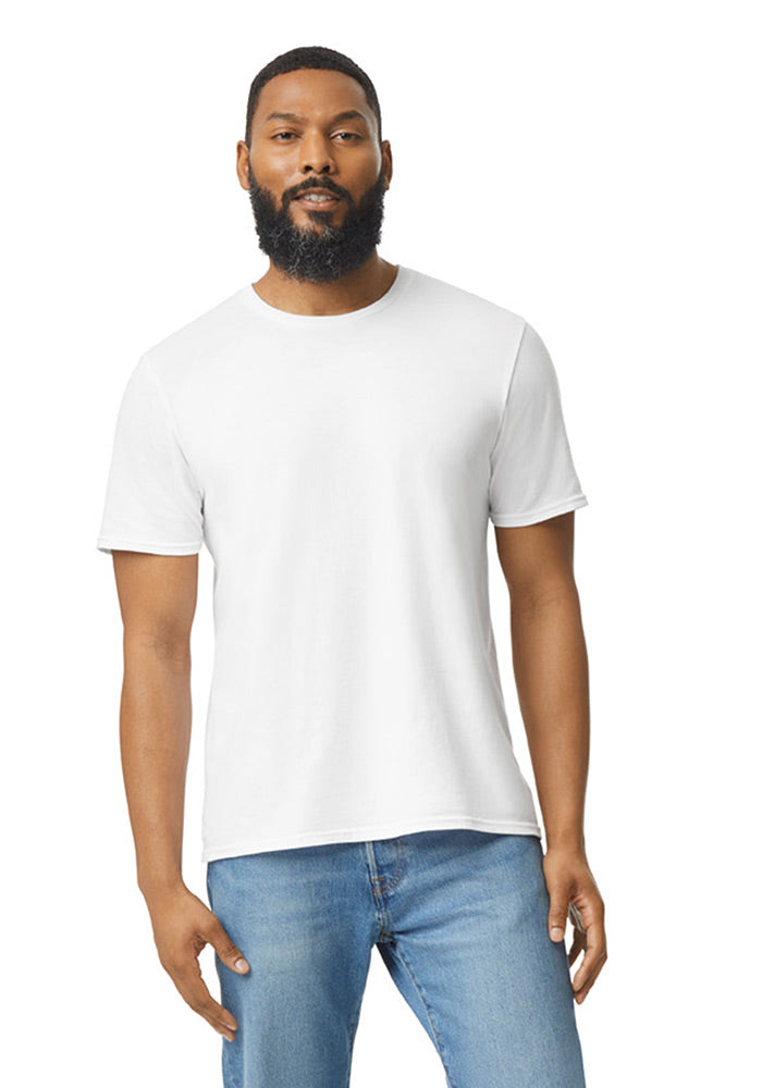 Man wearing a Gildan Softsytle 4.2 0z. white cotton short-sleeved t-shirt and blue jeans on a white background