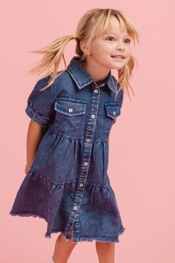 Girl's Button Up Tiered Denim Dress