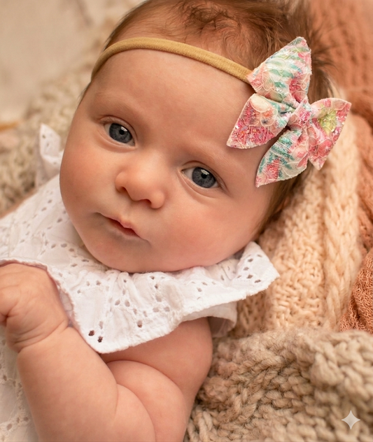 Baby with a floral glitter bow headband sitting on a soft surface