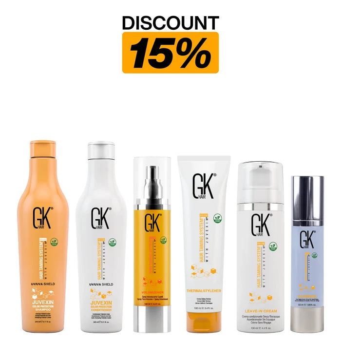 GK Hair Goodbye Dryness Kit, DISCOUNT 15%: Color Protection Shampoo and Conditioner, VolumizeHer, ThermalStyleHer, Leave-In Cream, Cashmere