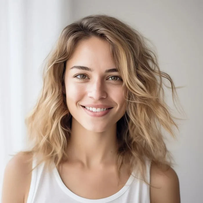 Smiling woman with shoulder-length wavy blonde hair and a white tank top in a bright room beside a sheer white curtain