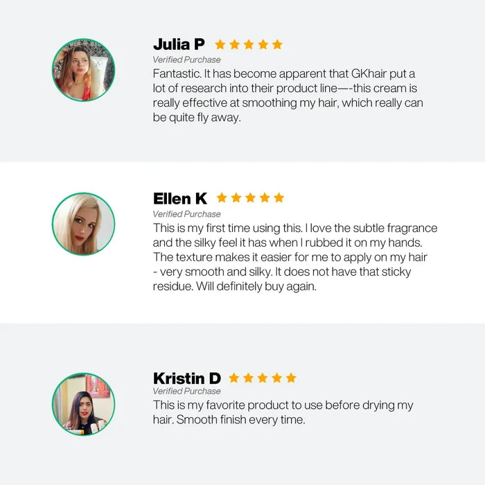 Three 5-star verified reviews for the Goodbye Dryness Kit: smooths fly-away hair, subtle fragrance, silky and not sticky, smooth finish