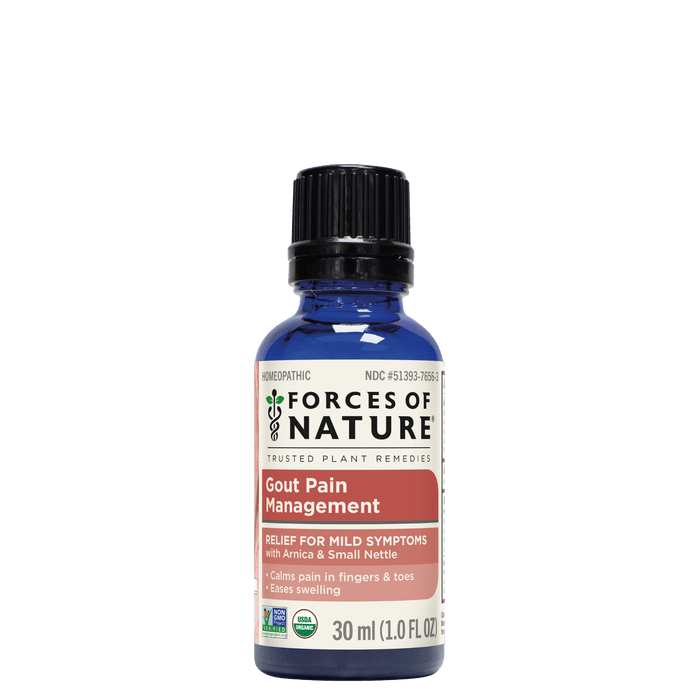 Front view of Gout Pain Management 30 ml blue glass bottle showing product label and black cap on white background