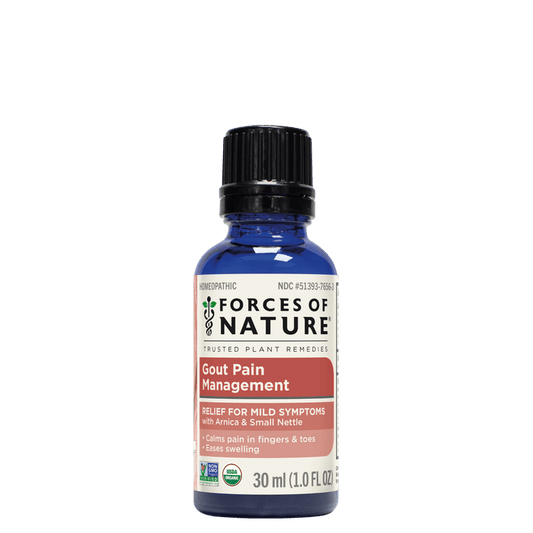 Front view of Gout Pain Management 30 ml blue glass bottle showing product label and black cap on white background