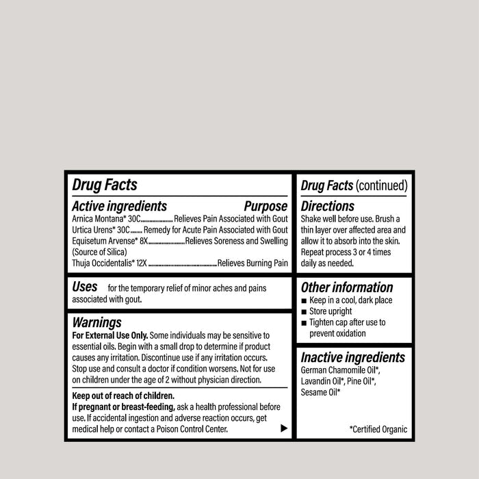 Drug Facts label showing active ingredients, intended use, warnings, directions to apply thin layer 3-4 times daily, and inactive oils for Gout Pain Management topical