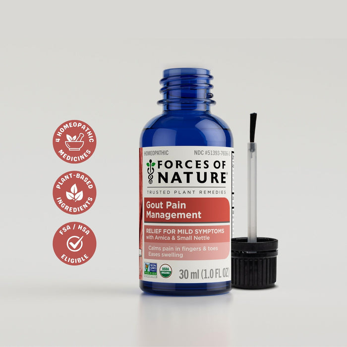Front view of 30 ml Gout Pain Management blue glass bottle with label and black dropper on white background