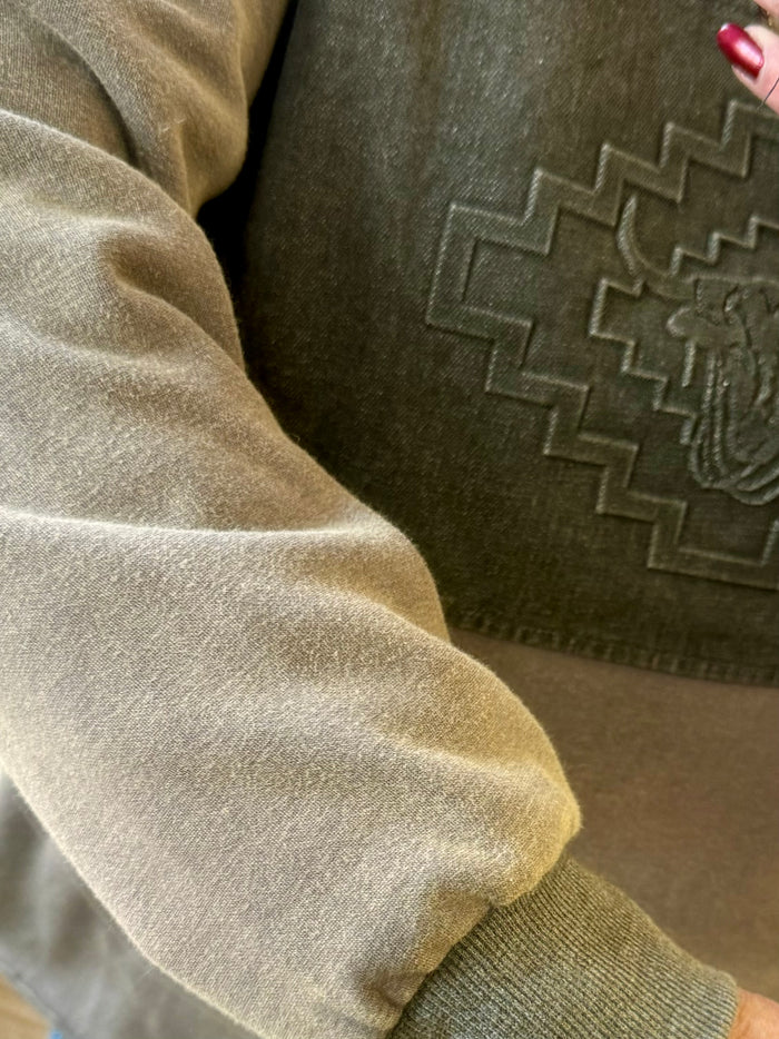 Gray sweatshirt sleeve with ribbed cuff and textured knit fabric