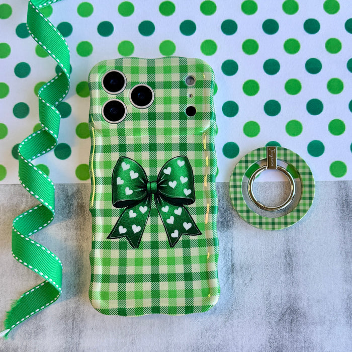 Green Gingham Darling picnic plaid pattern MagSafe phone grip ring in meadow green and cream compatible with iPhone and Samsung