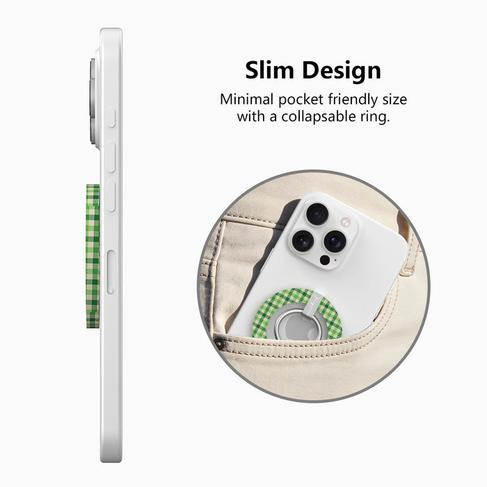 Green Gingham Darling picnic plaid pattern MagSafe phone grip ring in meadow green and cream compatible with iPhone and Samsung
