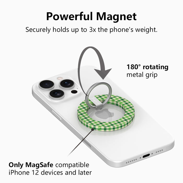 Green Gingham Darling picnic plaid pattern MagSafe phone grip ring in meadow green and cream compatible with iPhone and Samsung