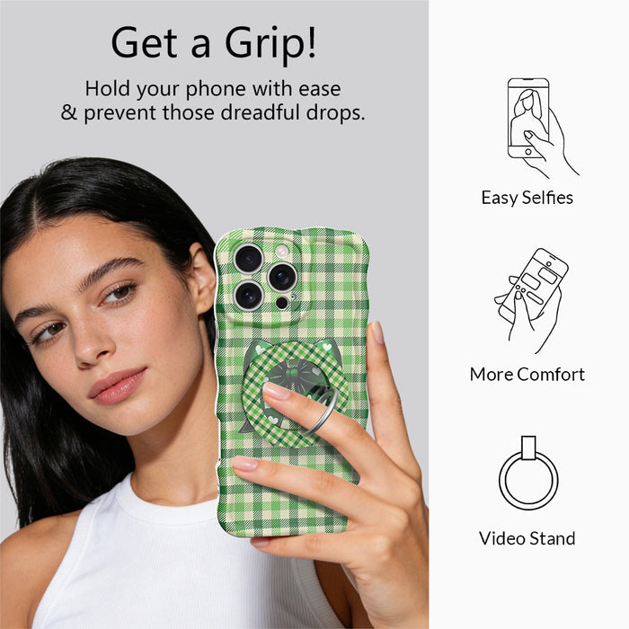 Green Gingham Darling picnic plaid pattern MagSafe phone grip ring in meadow green and cream compatible with iPhone and Samsung