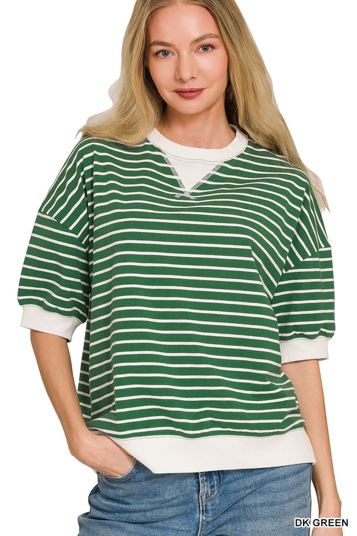 Green and white striped T-shirt with crew neck and ribbed cuffs