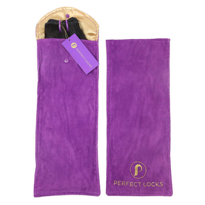 Two purple Perfect Locks Hair Extension Storage Pouches—one open, showing Remy hair extensions and gold-lined tag, one closed.