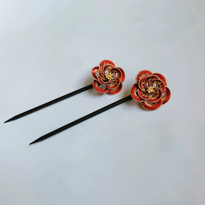 Handmade Chanhua Camellia Hairpin - Gold Edge Flower