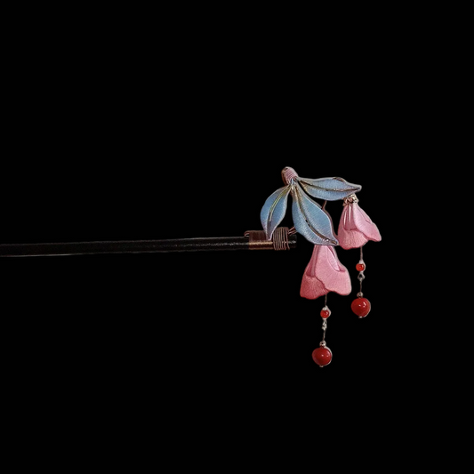 Handcrafted Chanhua thread-wrapped hairpin featuring pink Fuchsia blossoms, blue-gradient leaves, and red bead drops