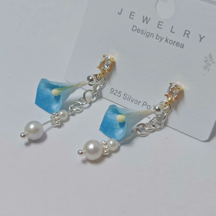 Handmade Ronghua Blue Calla Lily Drop Earrings | Mulberry Silk Velvet Flower & Freshwater Pearl Earrings