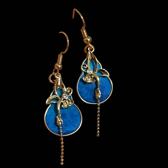 Handmade Ronghua Blue Gourd Earrings | Mulberry Silk Velvet Hulu Drop Earrings