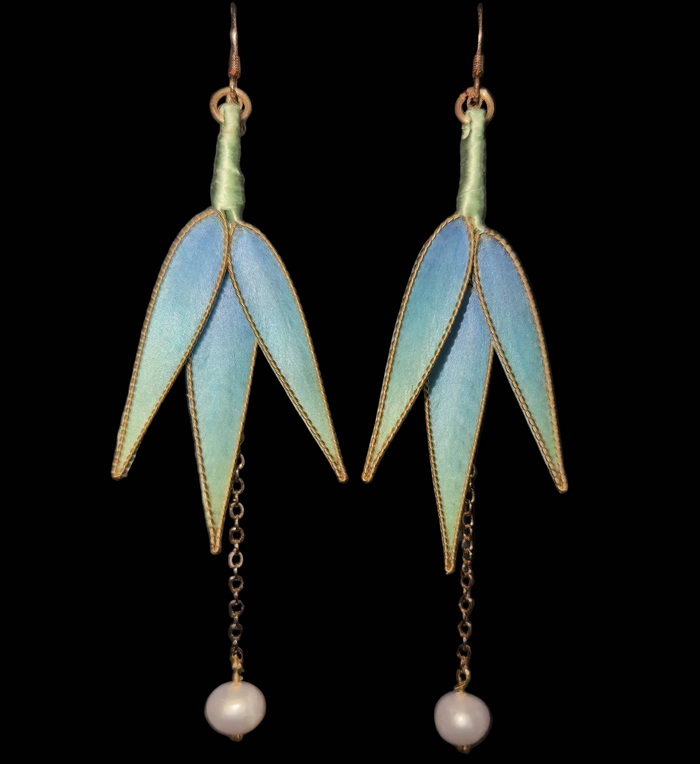 Handmade Ronghua Blue-Green Bamboo Leaf Earrings | Mulberry Silk Velvet Double Leaf Drop Earrings with Pearl