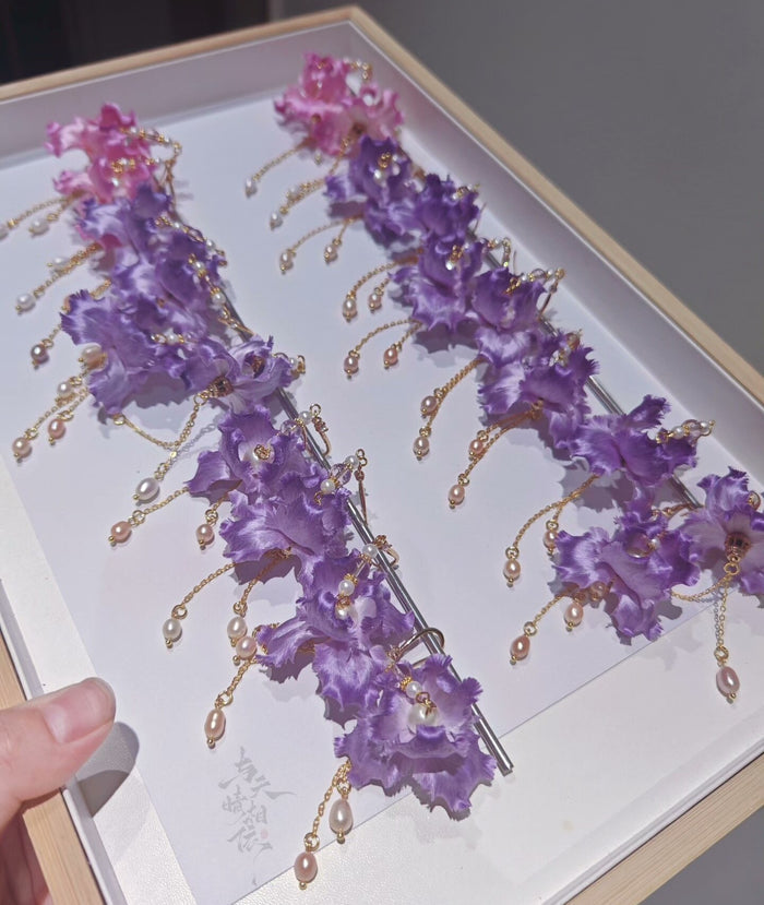 Handmade Ronghua Pink Iris Long Drop Earrings | Mulberry Silk Velvet Iris Flower & Pearl Chain Earrings