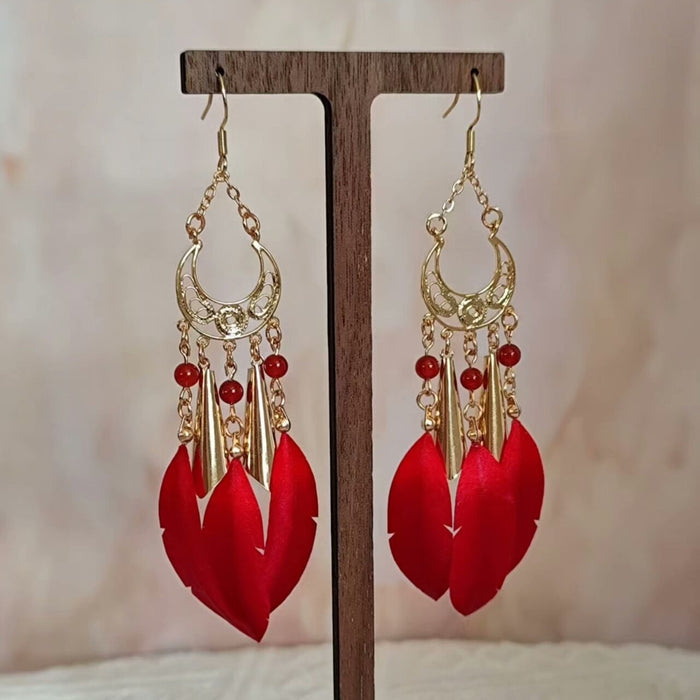 Handmade Ronghua Red Feather Tassel Earrings | Mulberry Silk Velvet Feather Drop Earrings