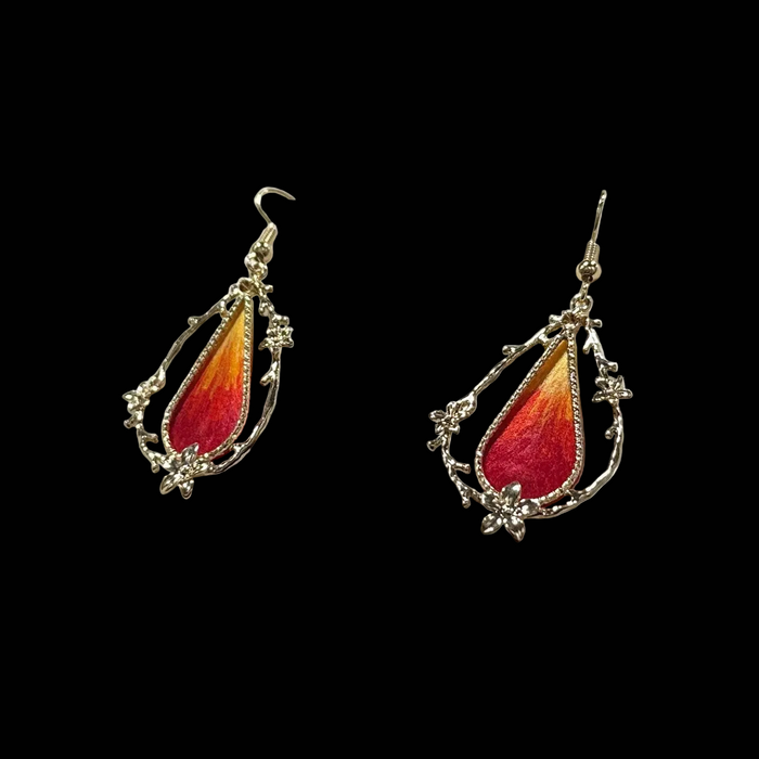Handmade Ronghua Red-Orange Teardrop Earrings | Mulberry Silk Velvet Gradient Drop Earrings with Floral Frame