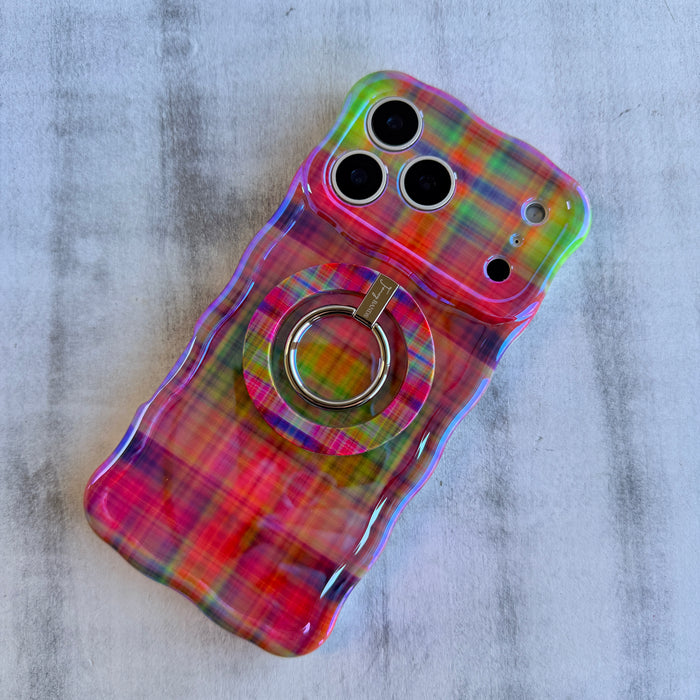 Hazy Tartan multi-colored plaid pattern MagSafe phone grip ring and stand compatible with iPhone and Samsung
