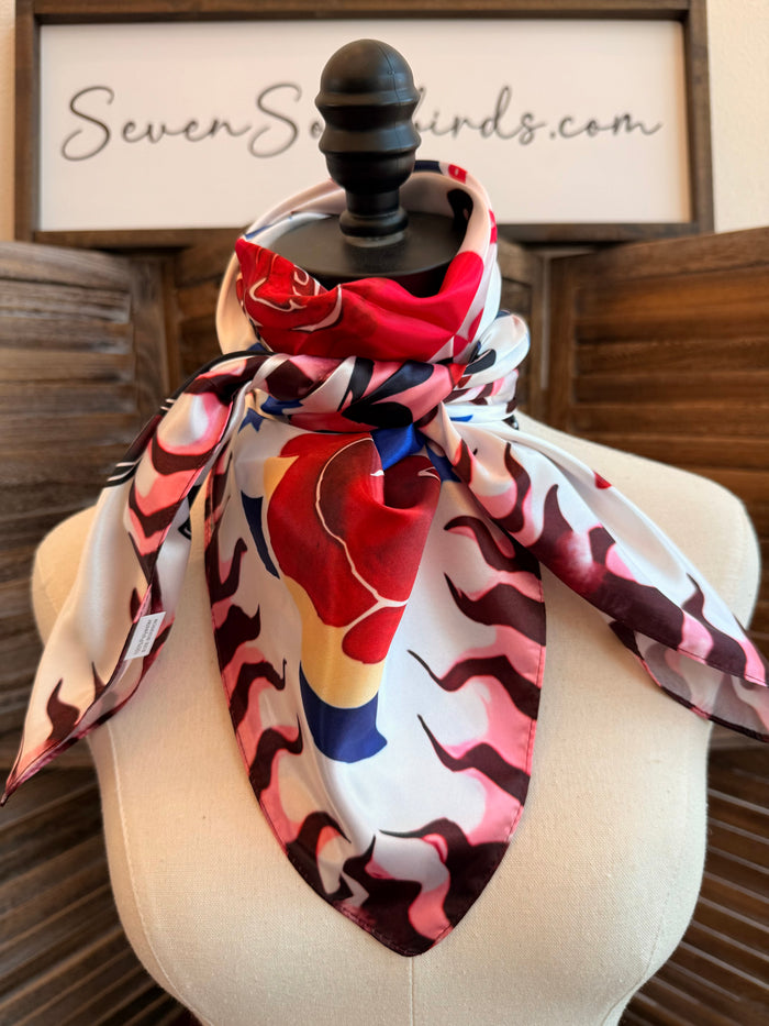 Wild rag scarf on mannequin bust, red white blue hearts and stars print