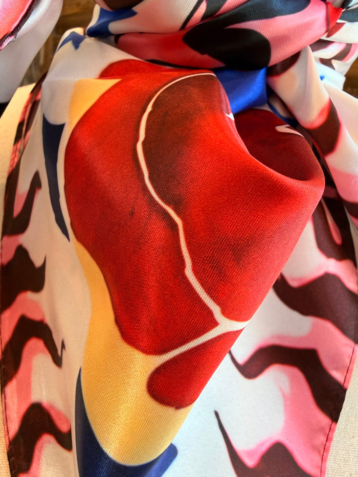 Wild rag scarf with red, blue, cream heart and star pattern