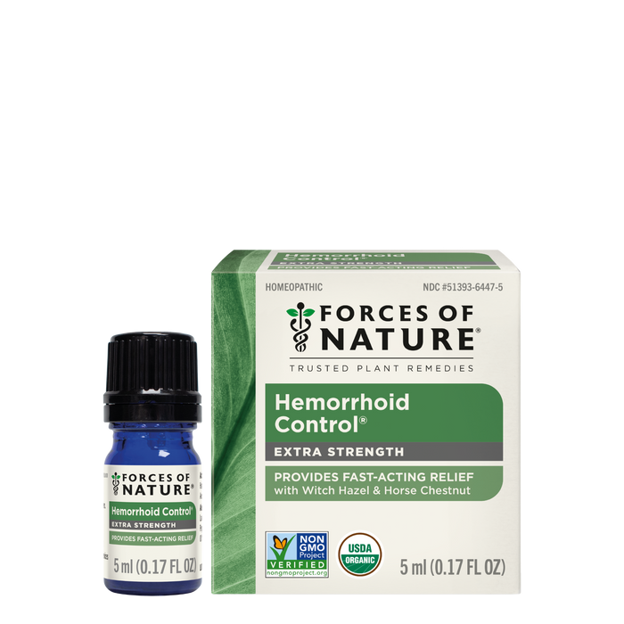 Front view of Hemorrhoid Control Extra Strength 5ml bottle and box showing travel-size packaging on white background
