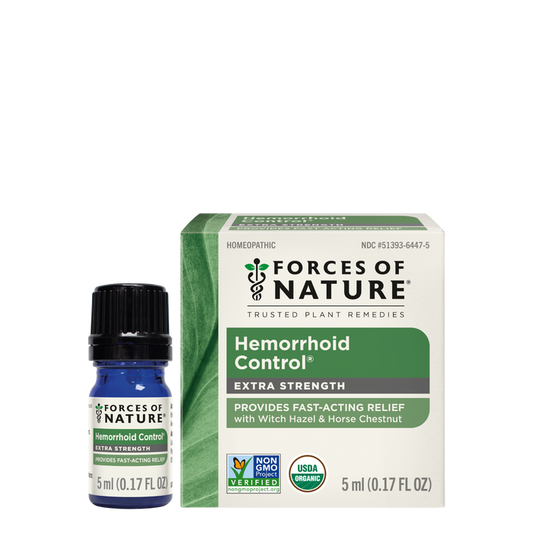 Front view of Hemorrhoid Control Extra Strength 5ml bottle and box showing travel-size packaging on white background