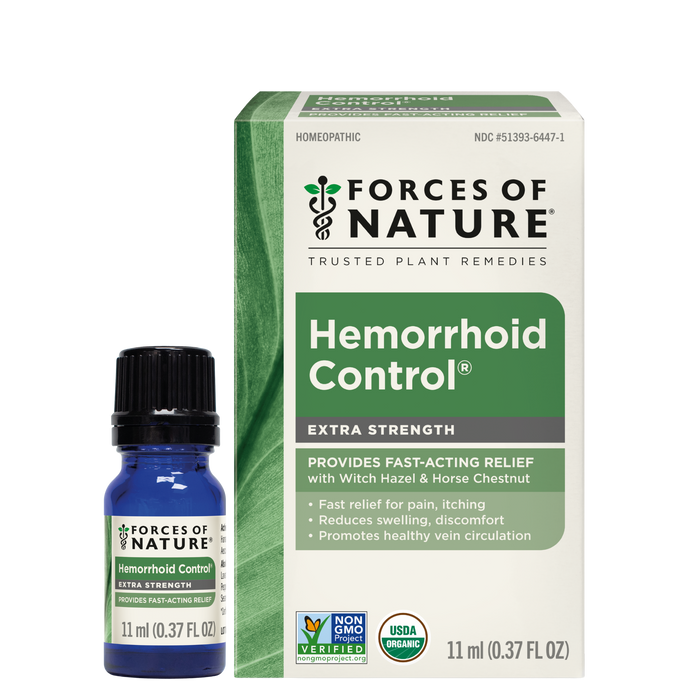 Front view of Hemorrhoid Control Extra Strength 11 ml bottle and box showcasing the product label and packaging on white background