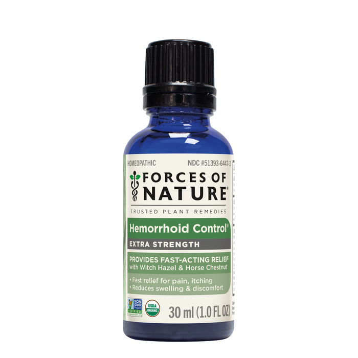 Front view of Hemorrhoid Control Extra Strength bottle showcasing the green product label and 30 ml size with white background