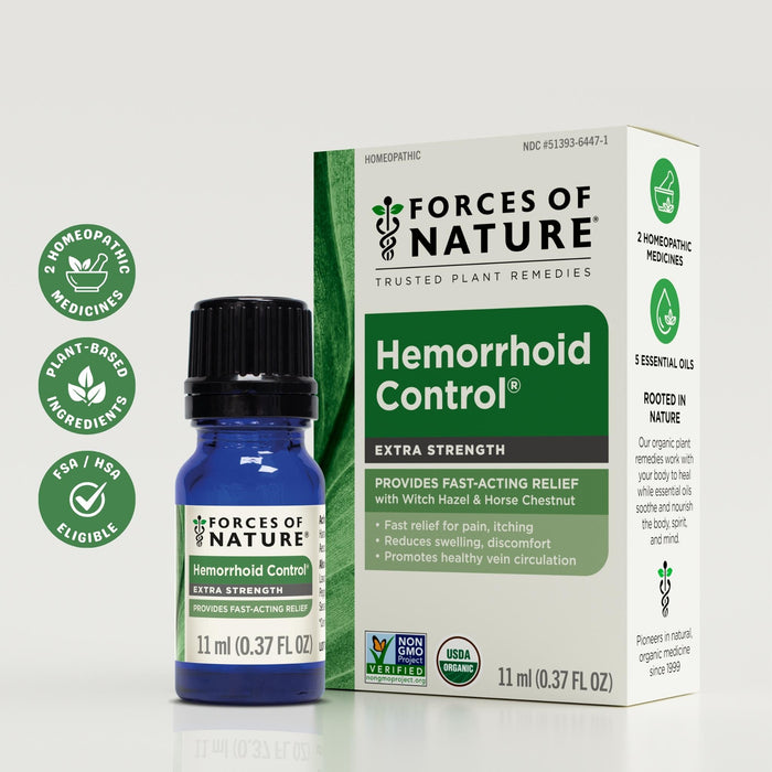 Front view of Hemorrhoid Control Extra Strength 11 ml bottle and box showcasing Provides fast-acting relief label on white background