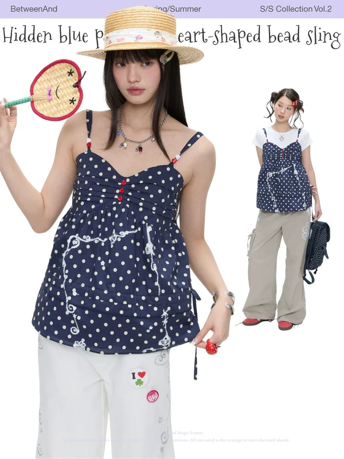 Hidden blue polka dot heart-shaped bead sling tank top