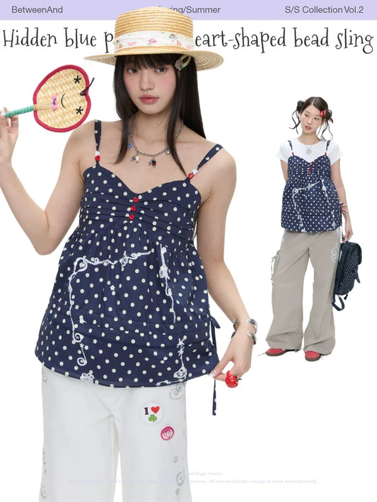 Hidden blue polka dot heart-shaped bead sling tank top