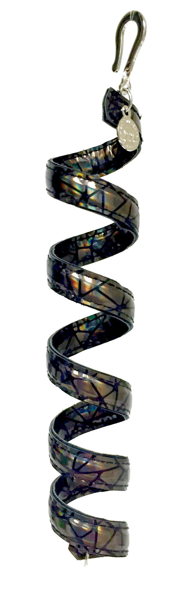 12 inch holographic black faux leather ponytail wrap, spiral design, front view on white background