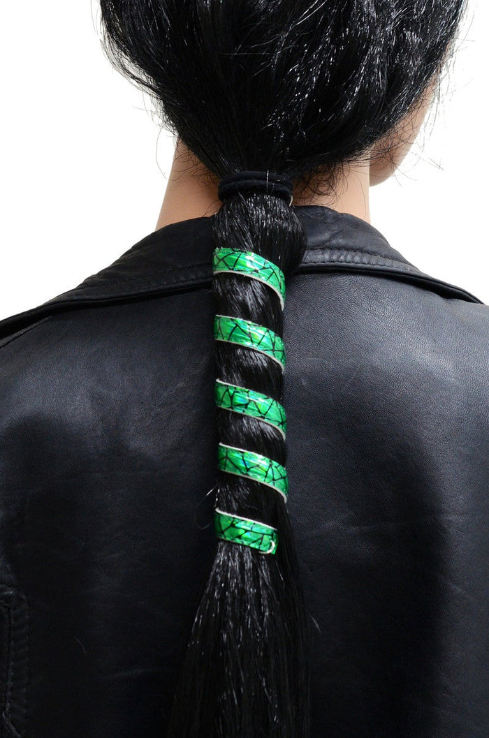 Model wearing 12 inch holographic green faux leather ponytail wrap, spiral design, back view in ponytail