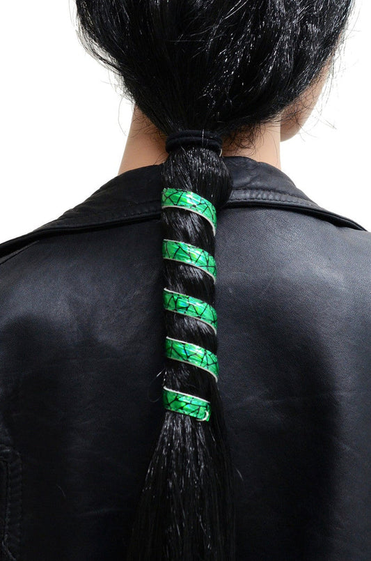 Model wearing 12 inch holographic green faux leather ponytail wrap, spiral design, back view in ponytail