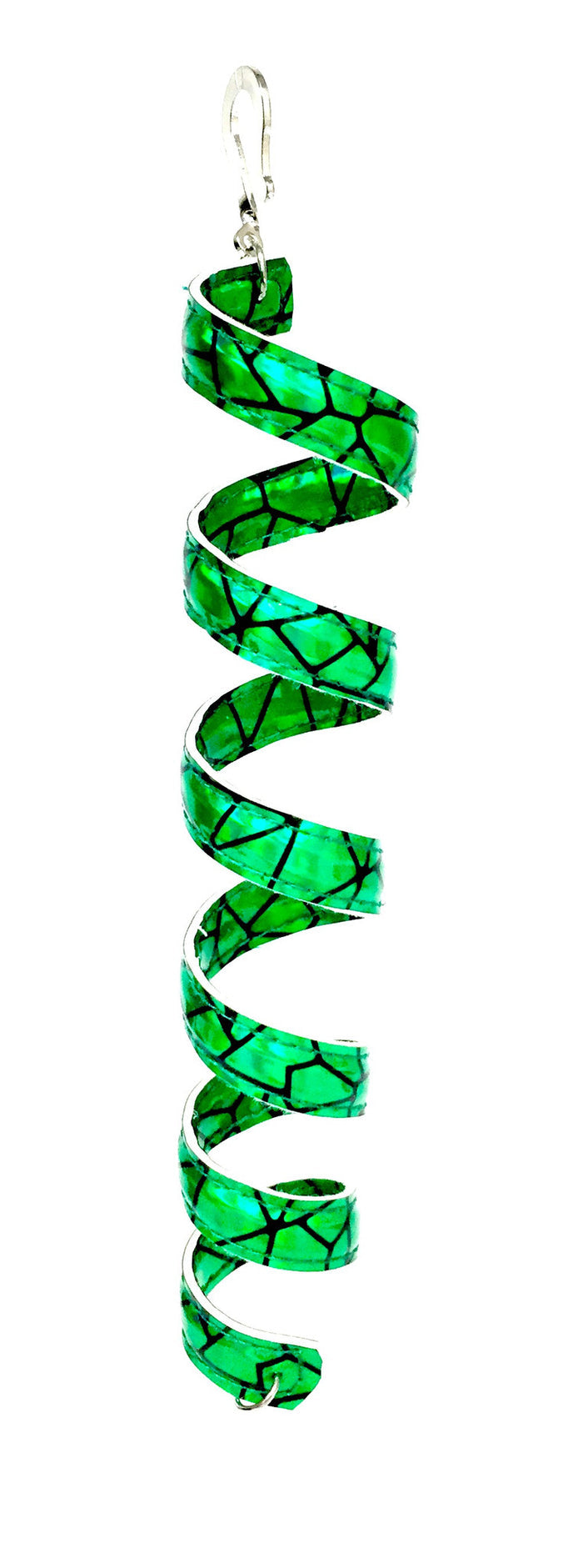 12 inch holographic green faux leather ponytail wrap, spiral design, front view on white background
