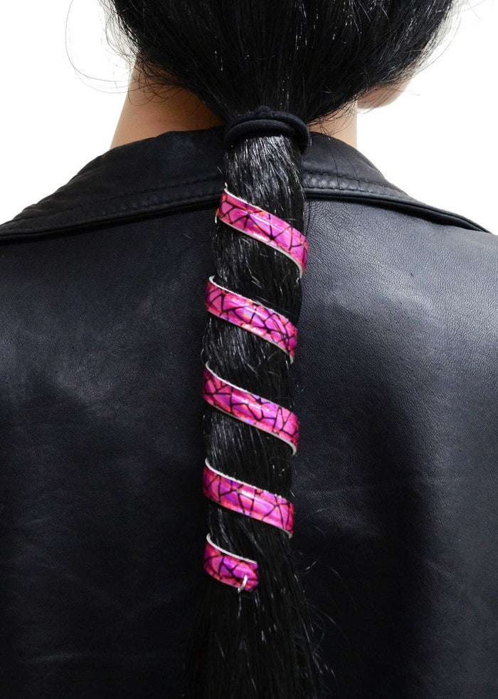 Model wearing Hot Pink Holographic Ponytail Wrap - Faux Leather Hair Twister