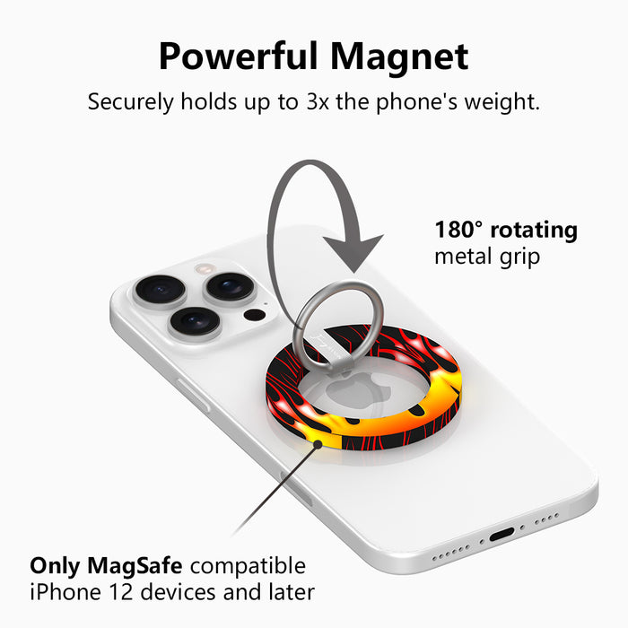 Hot Rod Flame pattern MagSafe phone grip ring and stand with silver ring, compatible with iPhone and Samsung