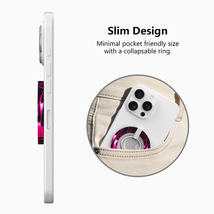 Hot Rod Pink Flame pattern MagSafe phone grip ring with neon pink fire on black background compatible with iPhone and Samsung
